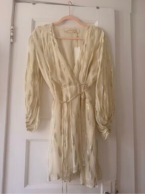Jens Pirate Booty Light Gold Metallic Feathers Wrap Dress Small